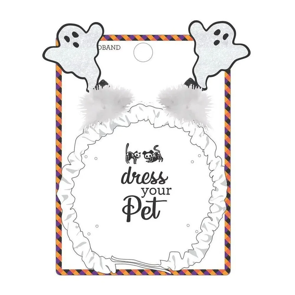 Dress Your Pet Ghost Themed Halloween Headband Pom-Poms Glitter Accents NEW